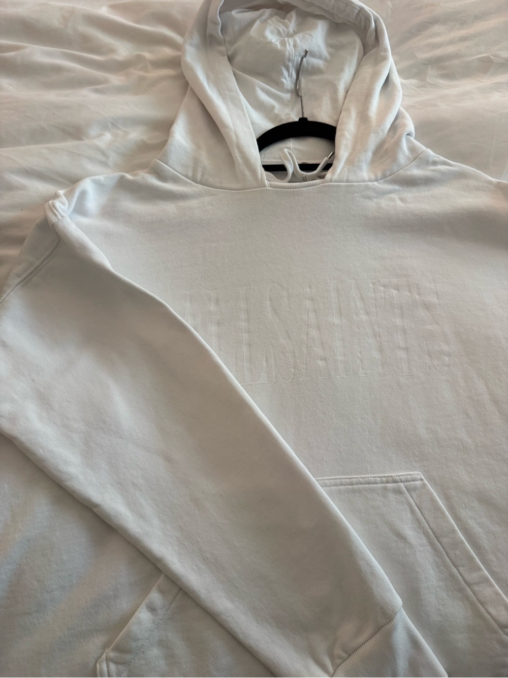AllSaints oversized monochrome White Pullover Hoodie with Branded Neck Tag - Picture 7 of 12